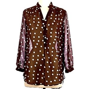 TACERA Brown & White Polka Dot Top Sheer Blouse w Roll Up Long Sleeves Shirt